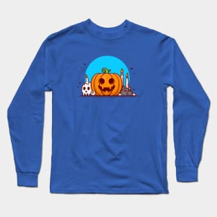 Cute Witch Pumpkin Riding Magic Broom Cartoon Vector Icon Illustration Long Sleeve T-Shirt